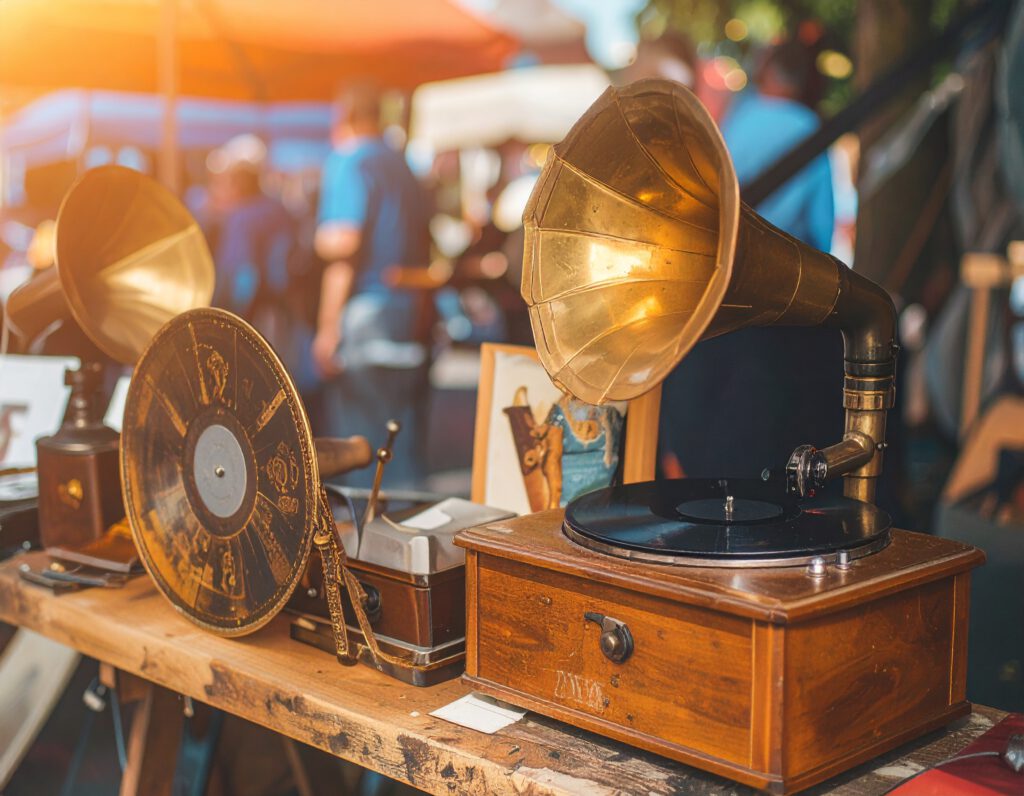 Zwei antike Grammophone mit großen, goldenen Schalltrichtern stehen auf einem rustikalen Holztisch. Links ist ein älteres Modell mit einer vertikalen Scheibe zu sehen, rechts ein klassisches Grammophon mit einer Schallplatte auf dem Plattenteller