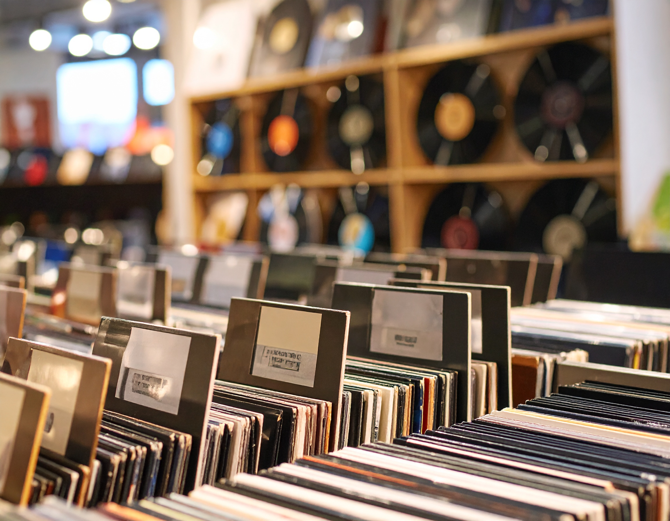 Nahaufnahme oder Ansicht einer Sammlung von Schallplatten, die in Regalen stehen